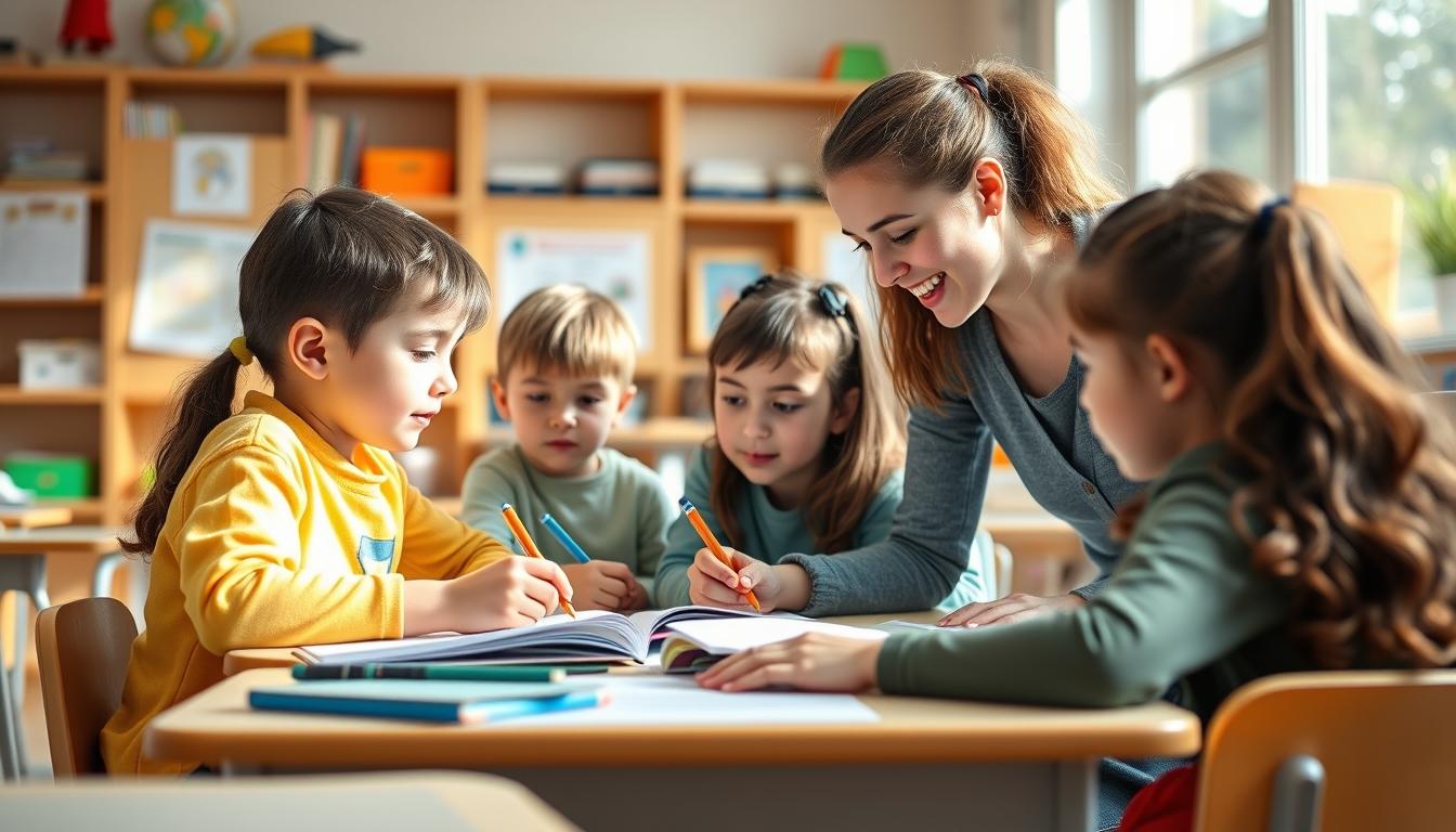 Students studying together in modern classroom